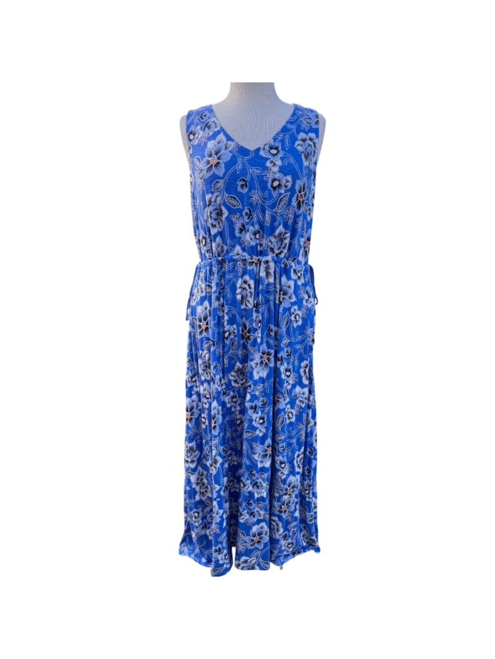 J Jill Womens Maxi Dress Blue Floral Knit Rayon Spandex 1X Sleeveless V-neck New